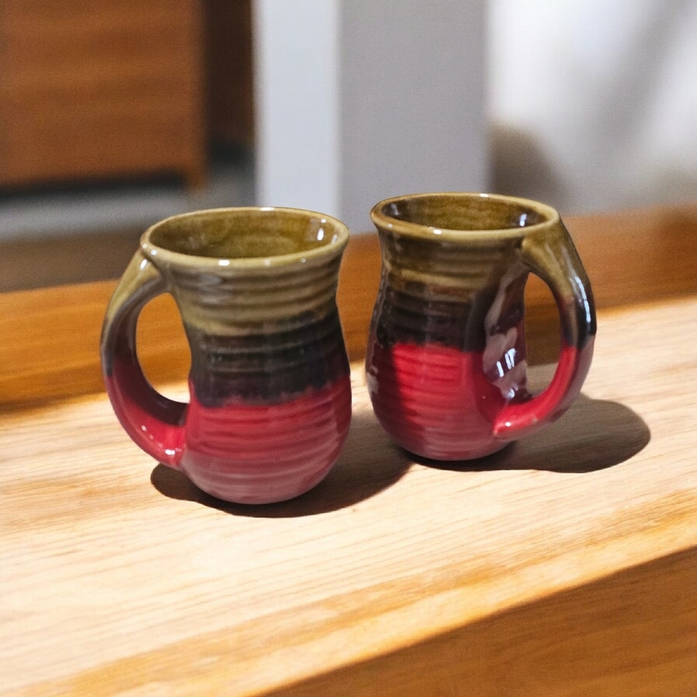 Handcrafted Red and Brown Ceramic Handwarmer Mugs